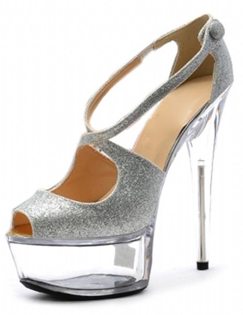 Dámské Sandály Na Platformě Peep Toe Leather Criss-cross Cut Out - Stříbrná