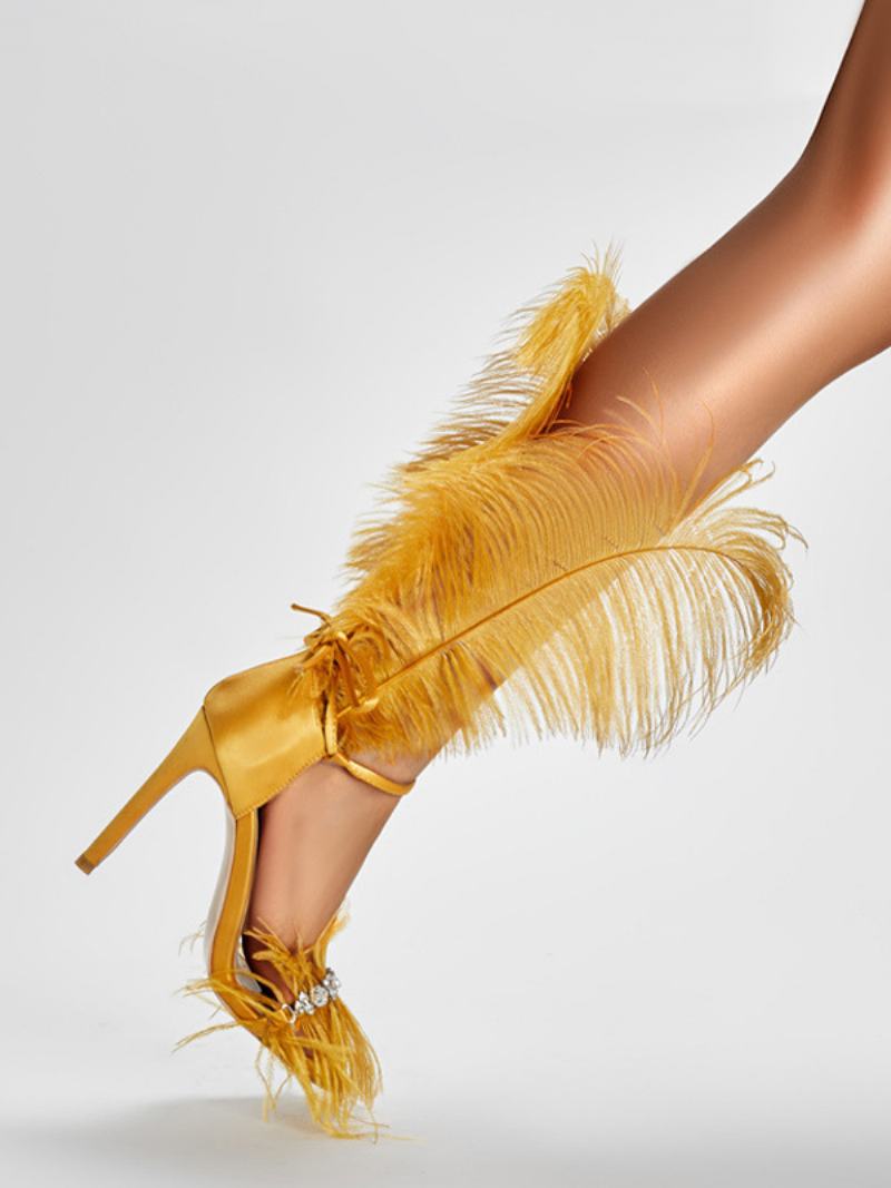 Dámské Sandály Na Vysokém Podpatku Gold Feather Detail Rhinestones Prom Party Boty - Zlato
