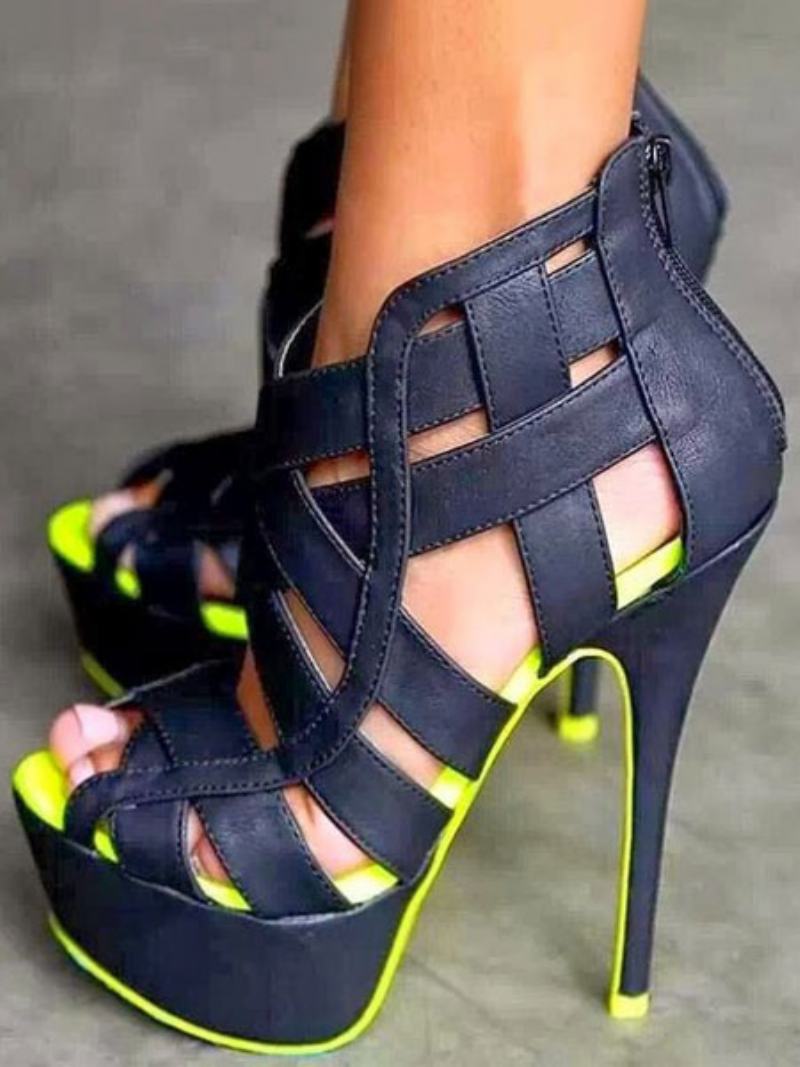 Dámské Sexy Boty Sandály Na Vysokém Podpatku Platforma Peep Toe Cut Out Strappy Sandálové - Žlutá Zelená