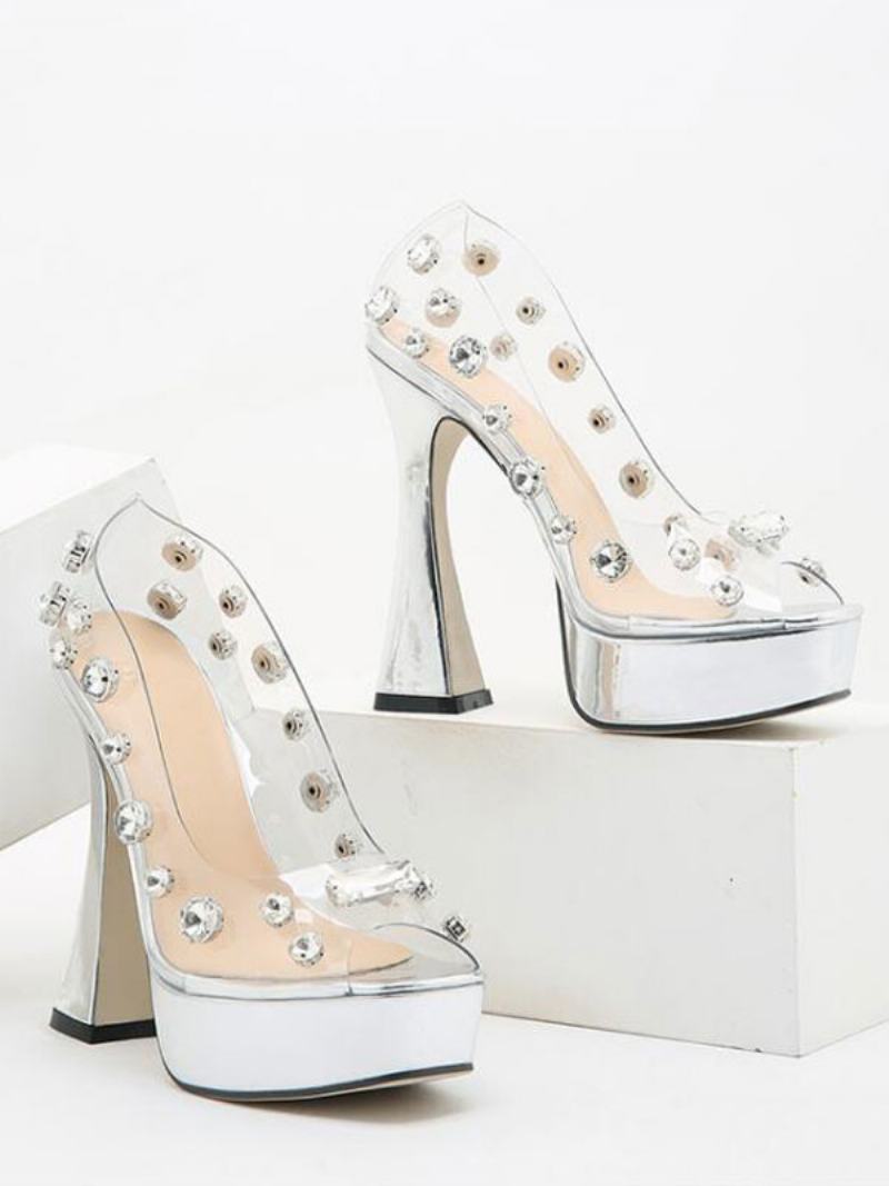 Dámské Sexy Sandály Na Vysokém Podpatku Stříbrná Pu Kůže Peep Toe Robustní Podpatek - Stříbrný