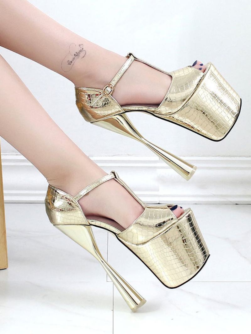 Sexy Sandály Pro Ženy Stříbrná Pu Kůže Peep Toe Jehlový Podpatek Kotníkový Pásek Podpatky - Zlato