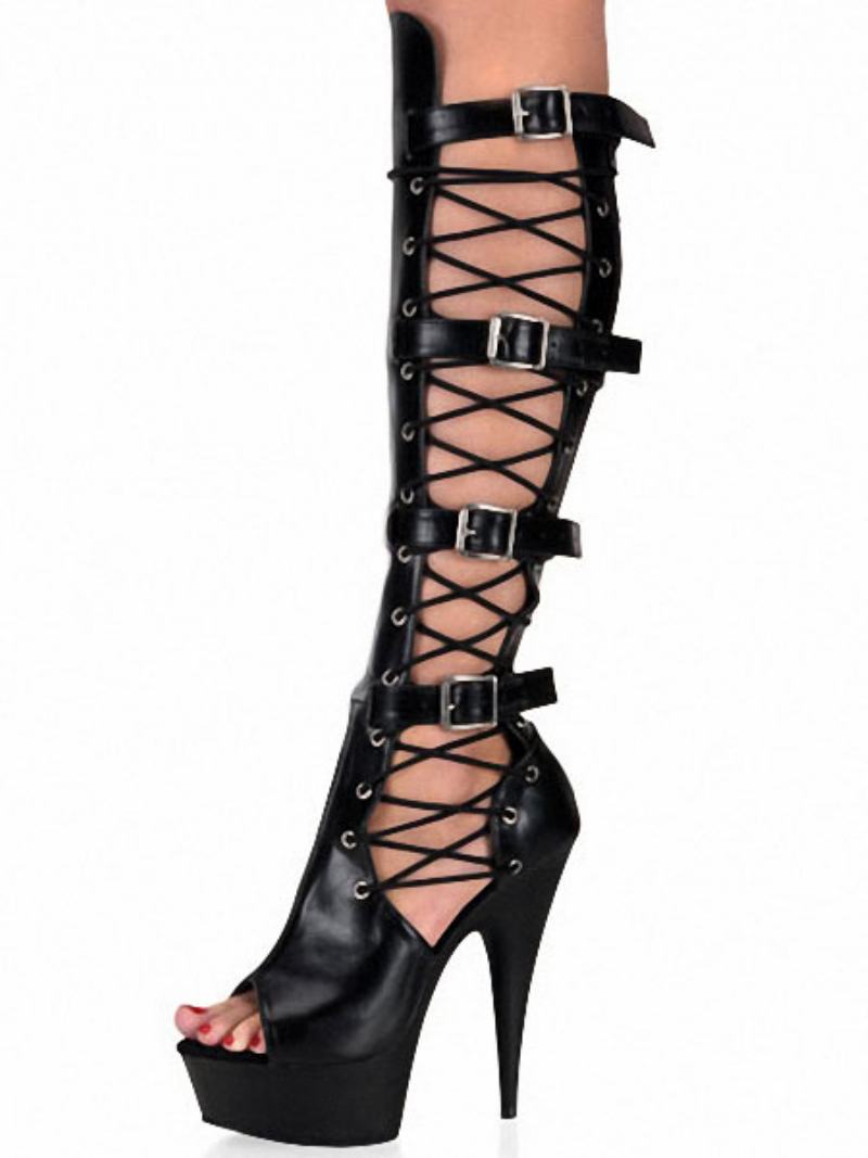 Taneční Boty Na Tyči Černé Sexy Kozačky Dámské Peep Toe Platforma Vystřižené Detail Přezky Vysokém Podpatku Stripper