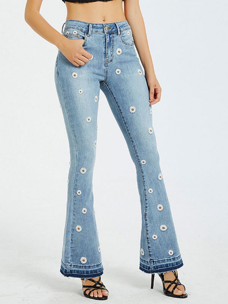 Dámské Bootcut Džíny Daisy Vyšívané Mid Rise Flare Bottoms - Modrý