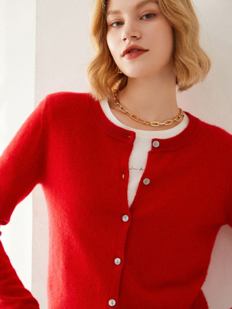 Dámské Svetry Světle Šedé 100% Vlna Dlouhé Rukávy Jewel Cardigans Krk - Červená