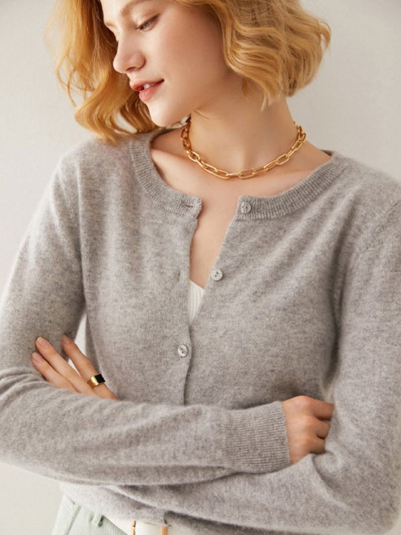 Dámské Svetry Světle Šedé 100% Vlna Dlouhé Rukávy Jewel Cardigans Krk - Světle Šedá
