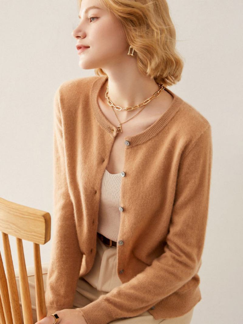 Dámské Svetry Světle Šedé 100% Vlna Dlouhé Rukávy Jewel Cardigans Krk - Velbloud