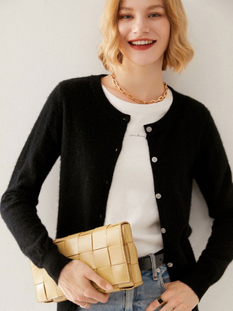 Dámské Svetry Světle Šedé 100% Vlna Dlouhé Rukávy Jewel Cardigans Krk - Černá