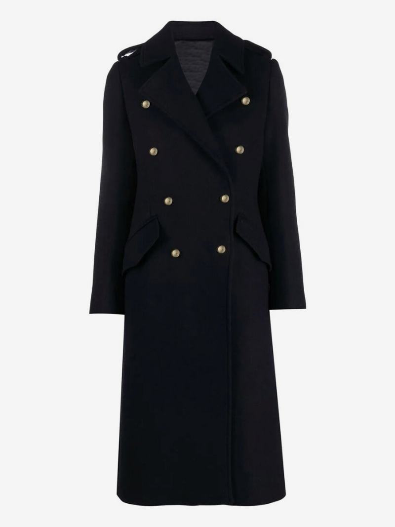 Dámské Svrchní Oblečení Longline Overcoat Klopa Dvojité Prsa Šikmé Kapsy - Černá