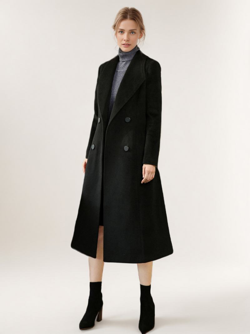 Černý Vlněný Kabát Pro Ženy Sash Winter Outerwear