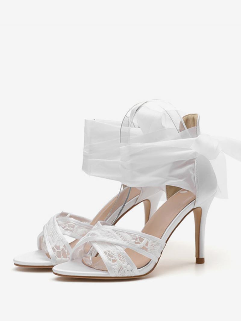 Dámské Saténové Svatební Boty Bílé Sandály Na Vysokém Podpatku Criss Cross Lace Up