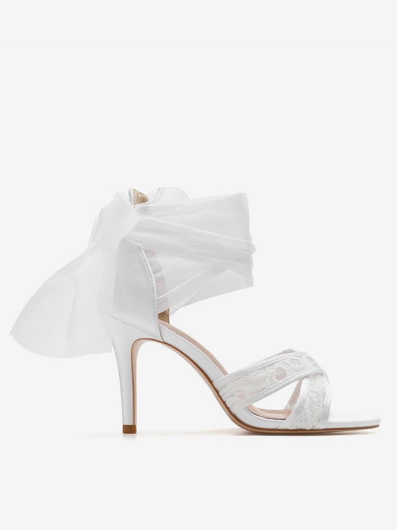 Dámské Saténové Svatební Boty Bílé Sandály Na Vysokém Podpatku Criss Cross Lace Up - Bílý