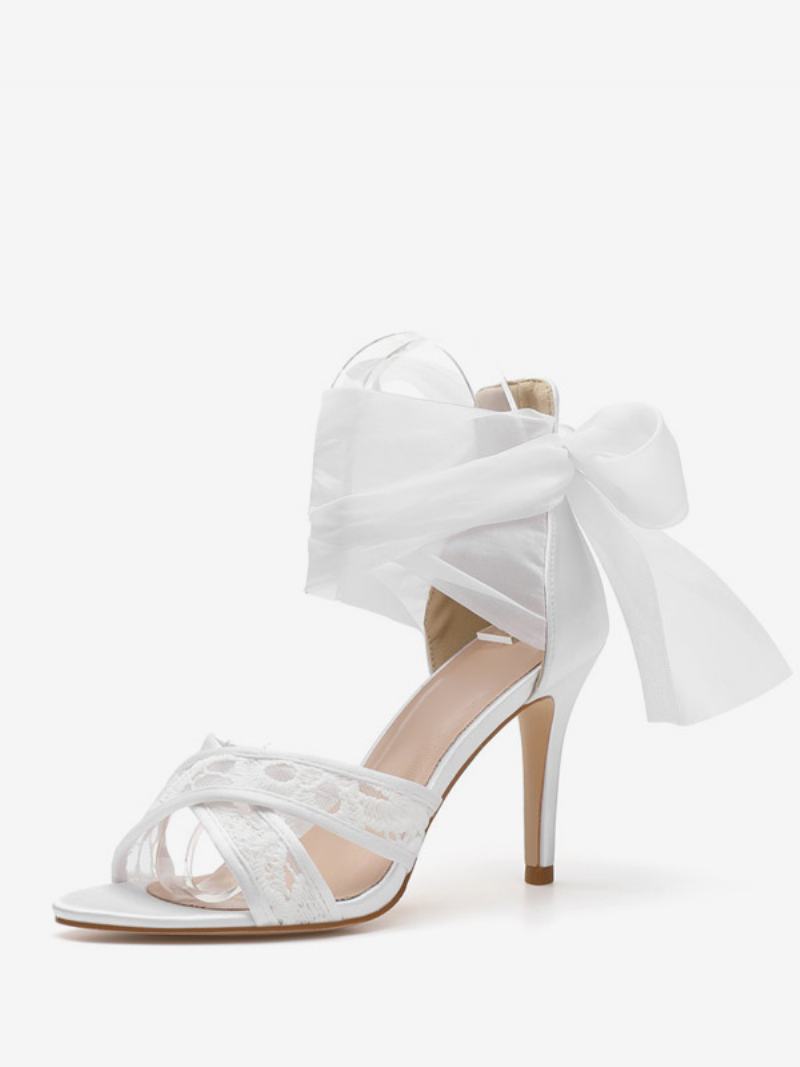 Dámské Saténové Svatební Boty Bílé Sandály Na Vysokém Podpatku Criss Cross Lace Up - Bílý