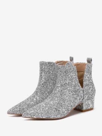 Dámské Stříbrné Svatební Boty Kotníkové Se Čtvercovou Špičkou Glitter Block Na Podpatku