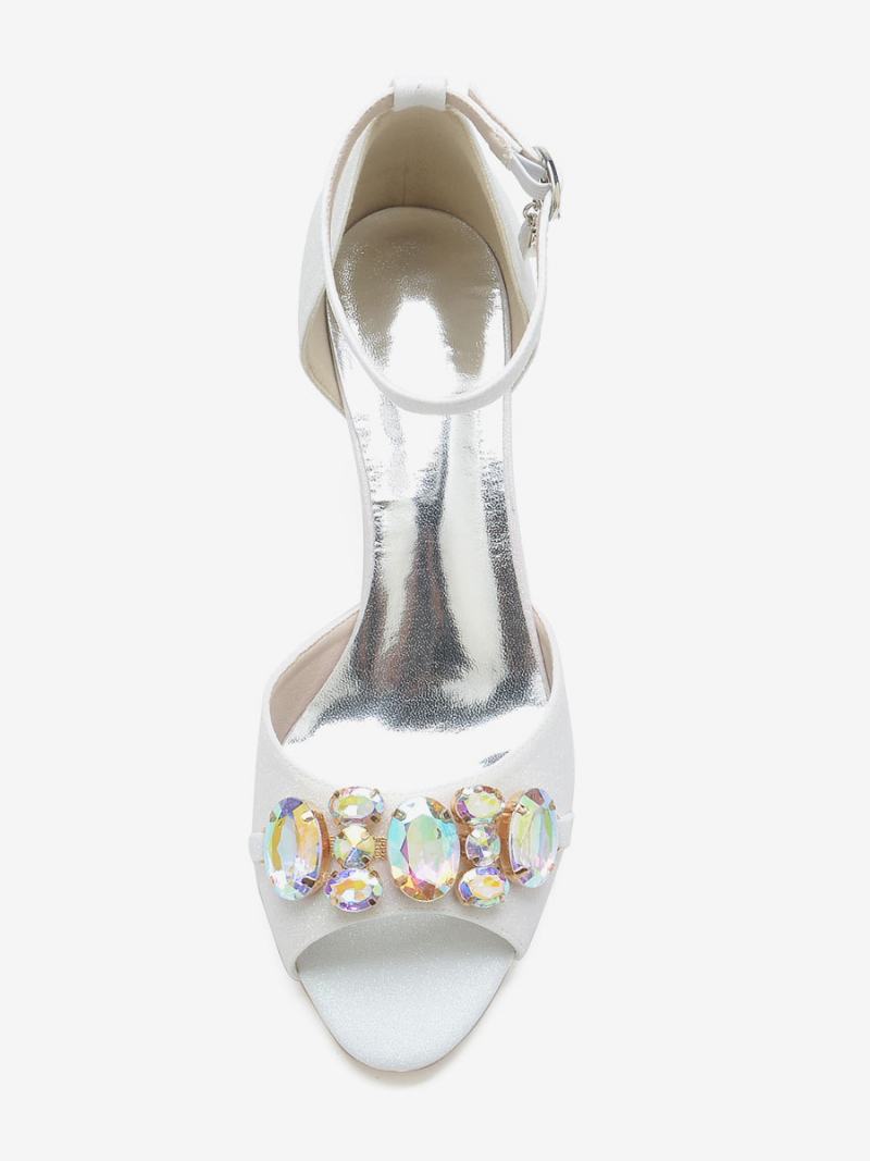 Dámské Svatební Boty Flitrované Kamínky Peep Toe Na Masivním Podpatku - Bílé