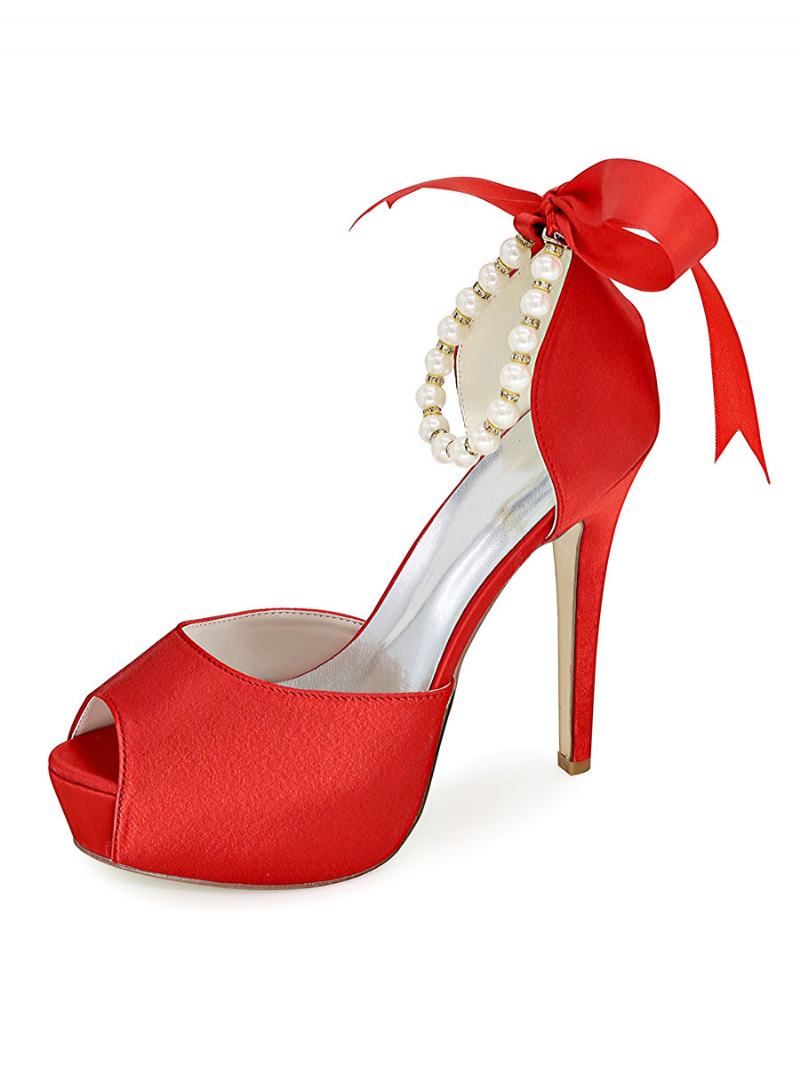 Dámské Svatební Lodičky Na Šněrovací Platformě Peep Toe Podpatku Perly - Ture Red
