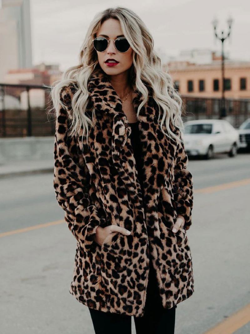 Dámské Kabáty Z Umělé Kožešiny Leopard S Dlouhými Rukávy Leopardí Oversized Zimní Kabát - Leopard