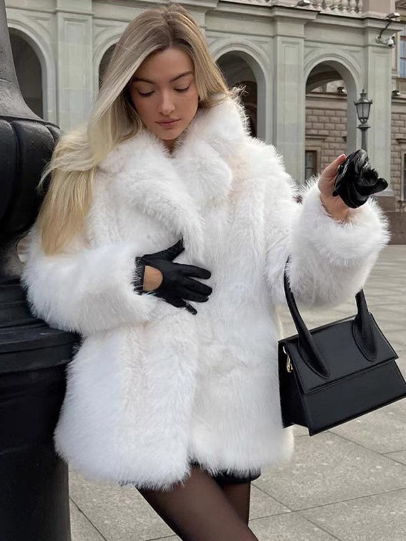 Dámský Bílý Oversized Kabát Z Umělého Kožichu S Vroubkovanou Klopou A Dlouhým Rukávem Svrchní Oblečení - Bílý