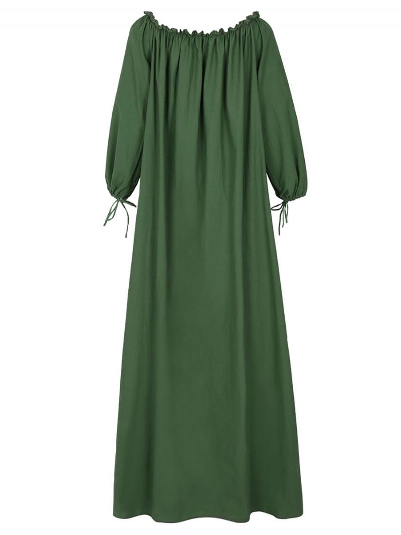 Dámské Maxi Šaty Oversized Bílé Dlouhé Rukávy Plisované Bavlněné Na Jedno Rameno - Zelená
