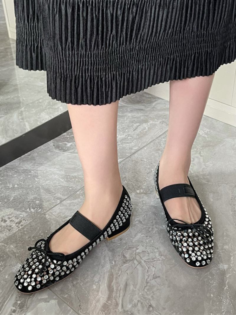 Dámské Kamínky Balet Flats Kulaté Toe Bow Mary Jane - Černá