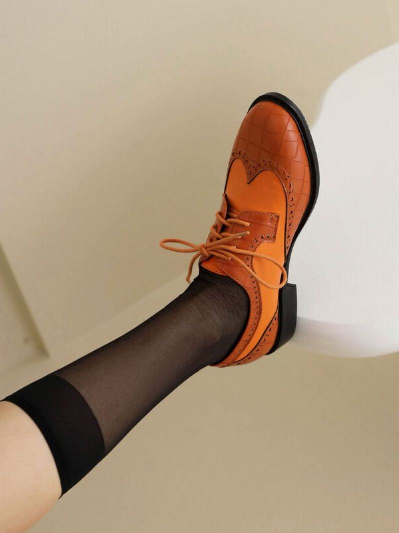 Dámské Oxfordky S Kulatou Špičkou Puppy Heel Z Pu Kůže - Oranžová