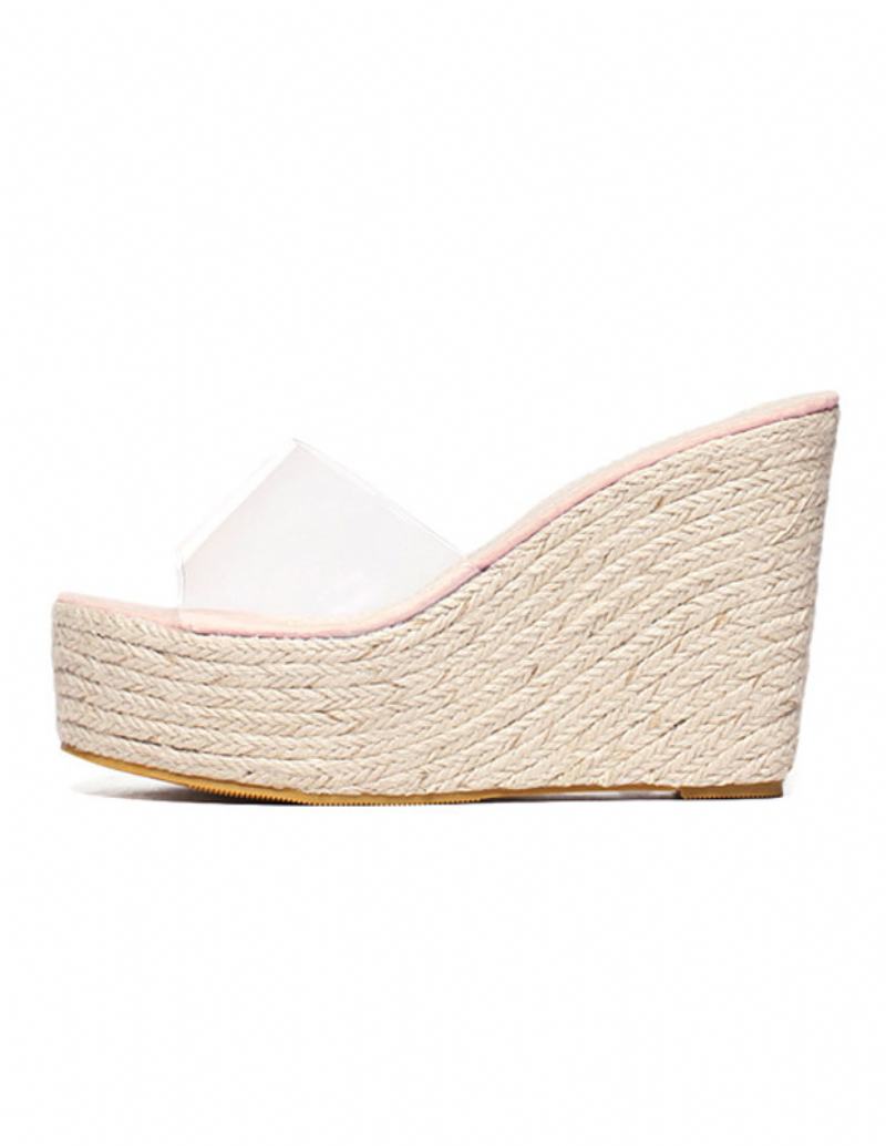 Dámské Meruňkové Sandály Na Klínku Clear Peep Toe Mule Espadrille Wedges - Růžová
