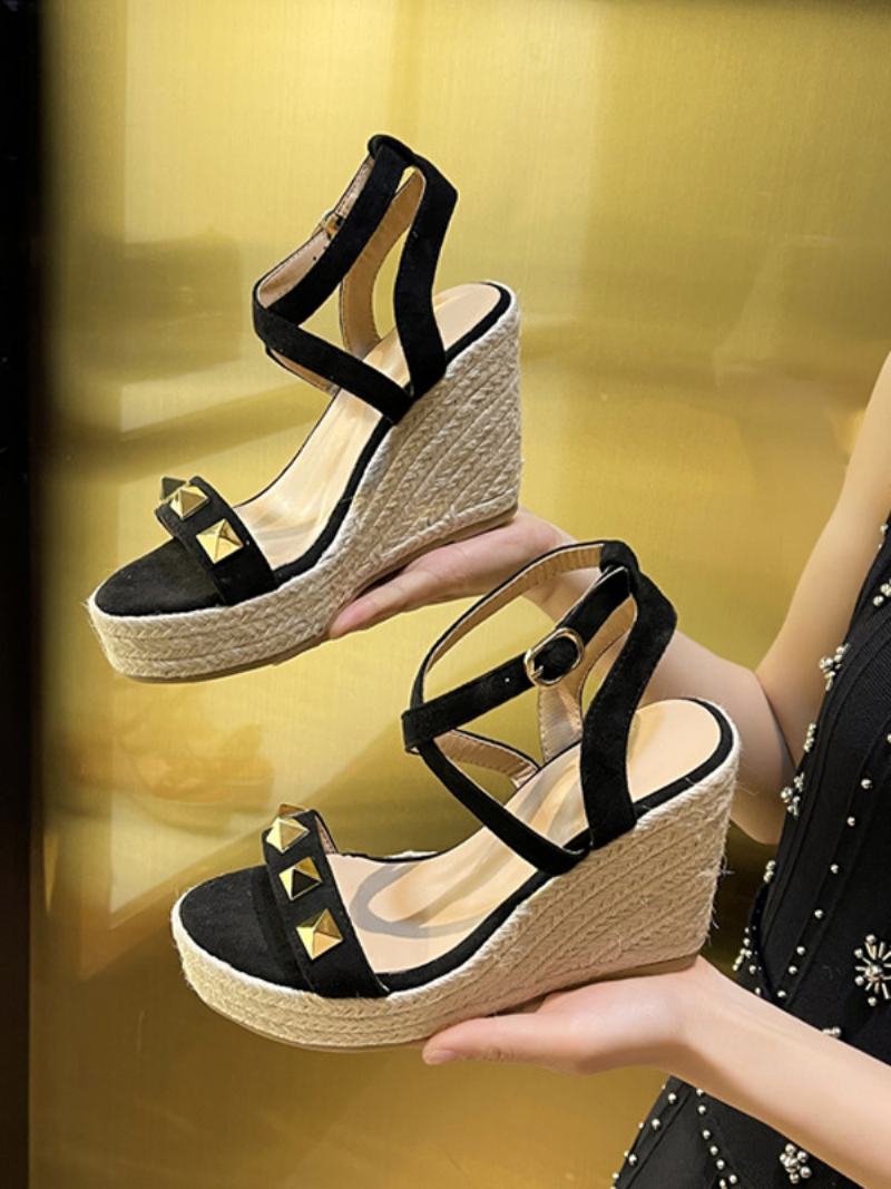 Dámské Sandály Na Klínu Platforma Nýty Suede Criss Cross Sandálové Boty - Černá