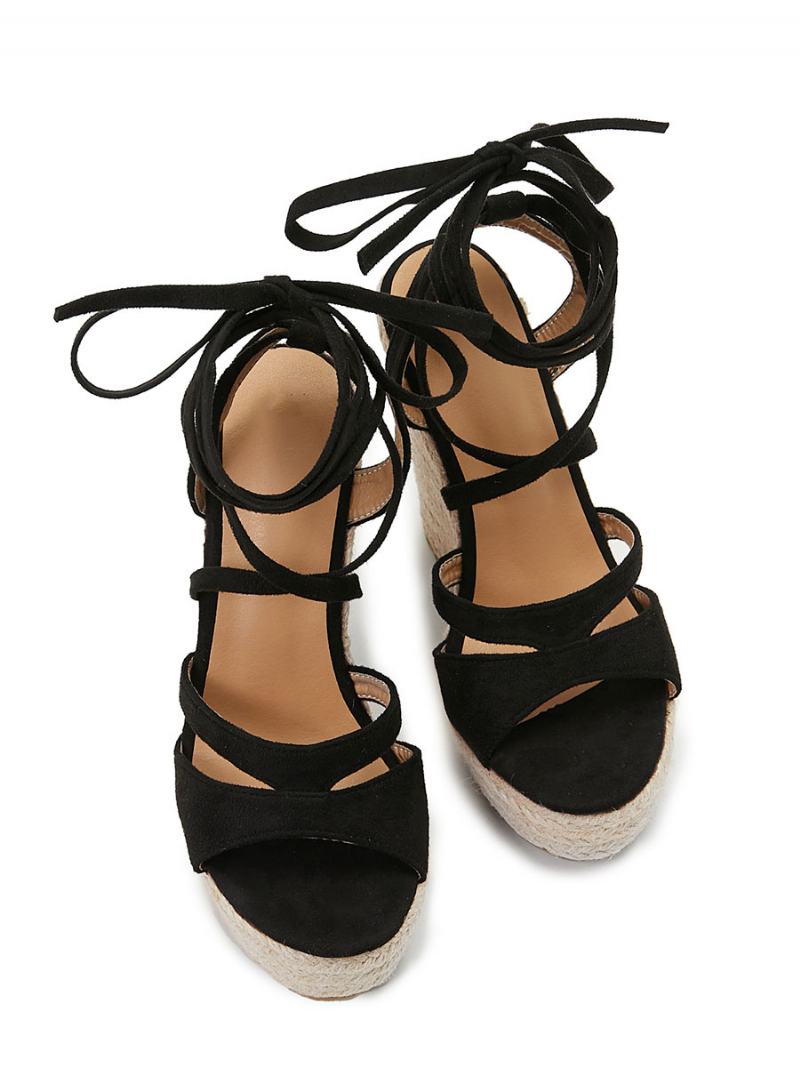 Dámské Šněrovací Espadrilové Sandály Na Klínu - Černá