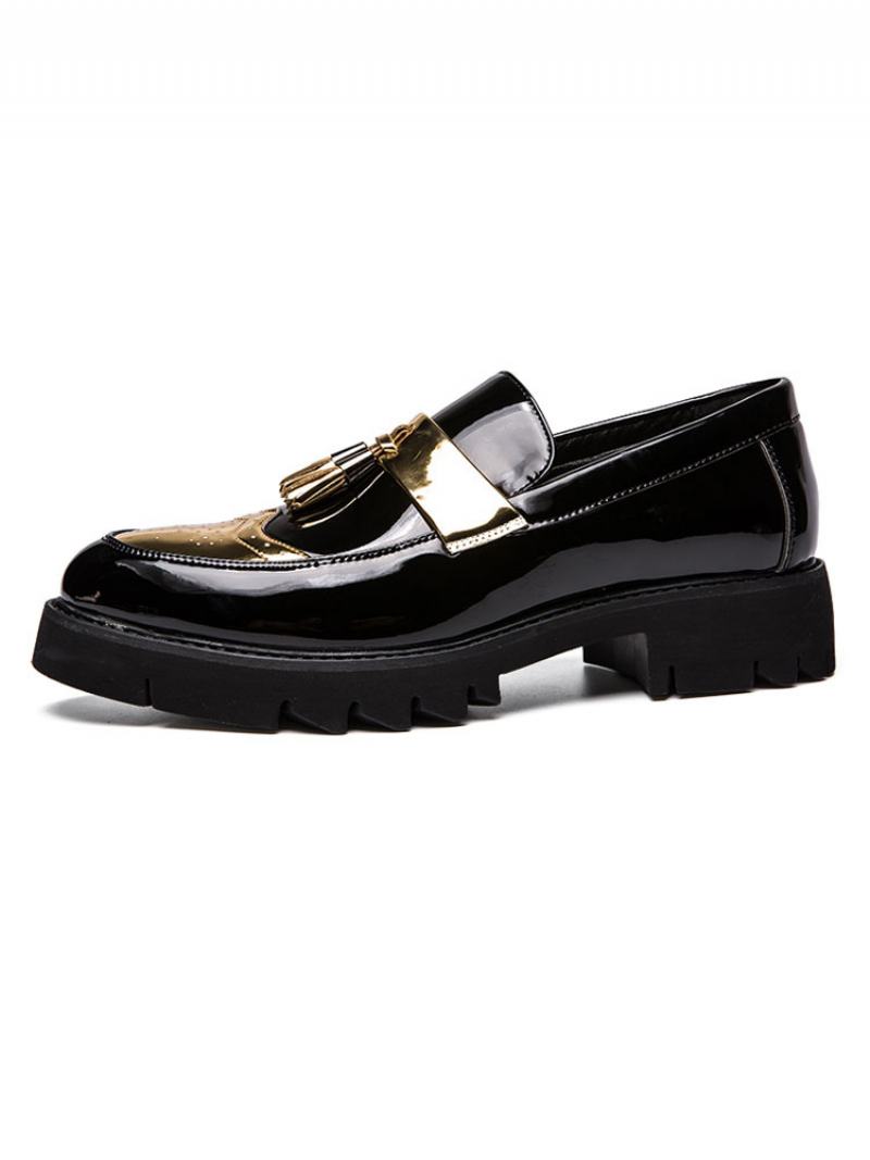 Pánská Platforma Wingtip Tassel Světlé Kožené Mokasíny - Zlatá