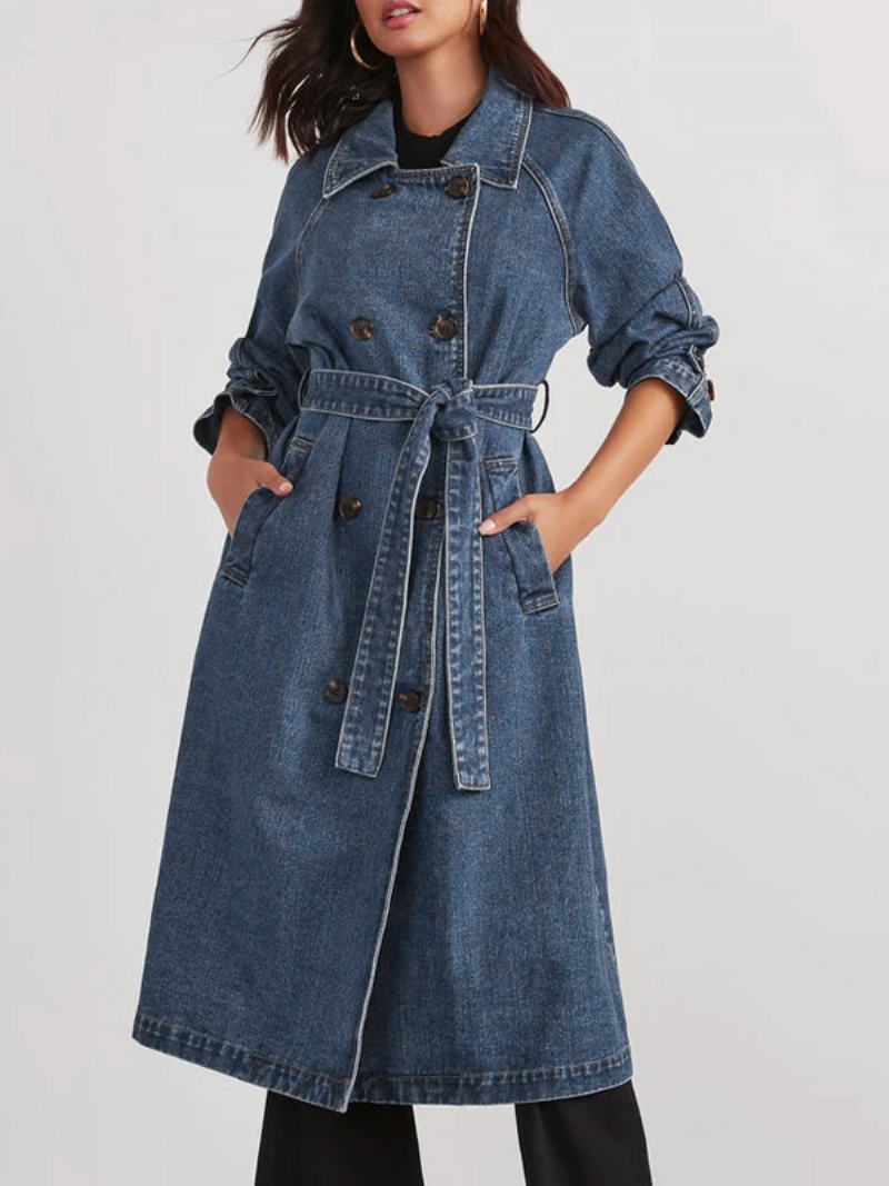 Dámský Svrchní Oděv Longline Denim Coat Double Breast Belted - Modrá