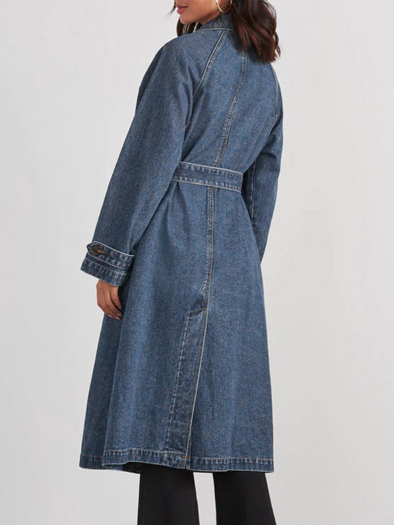 Dámský Svrchní Oděv Longline Denim Coat Double Breast Belted - Modrá