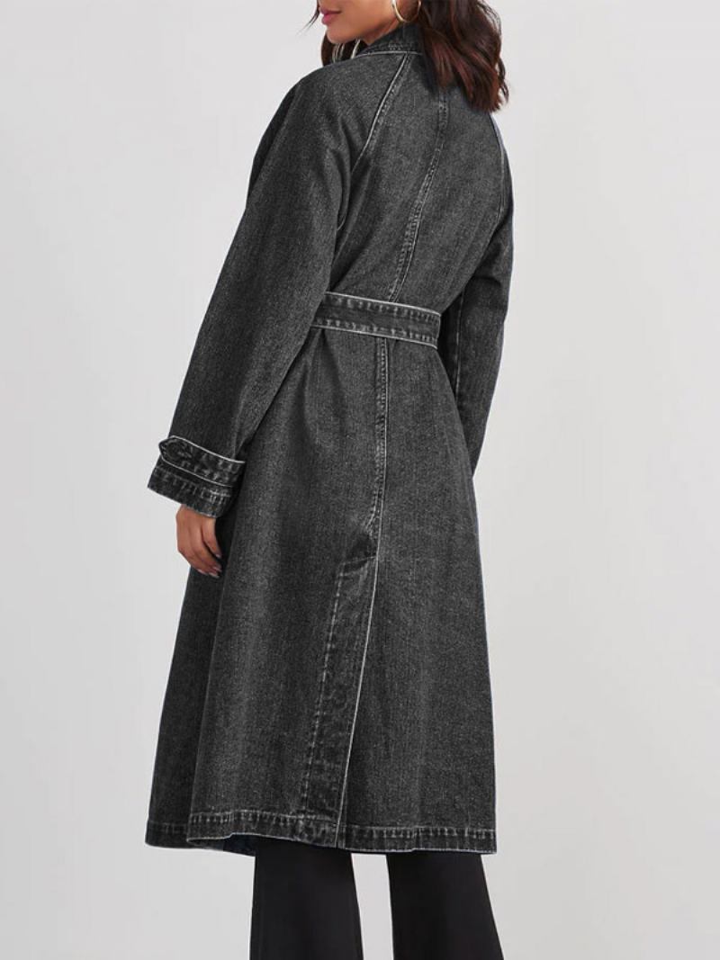 Dámský Svrchní Oděv Longline Denim Coat Double Breast Belted - Černá