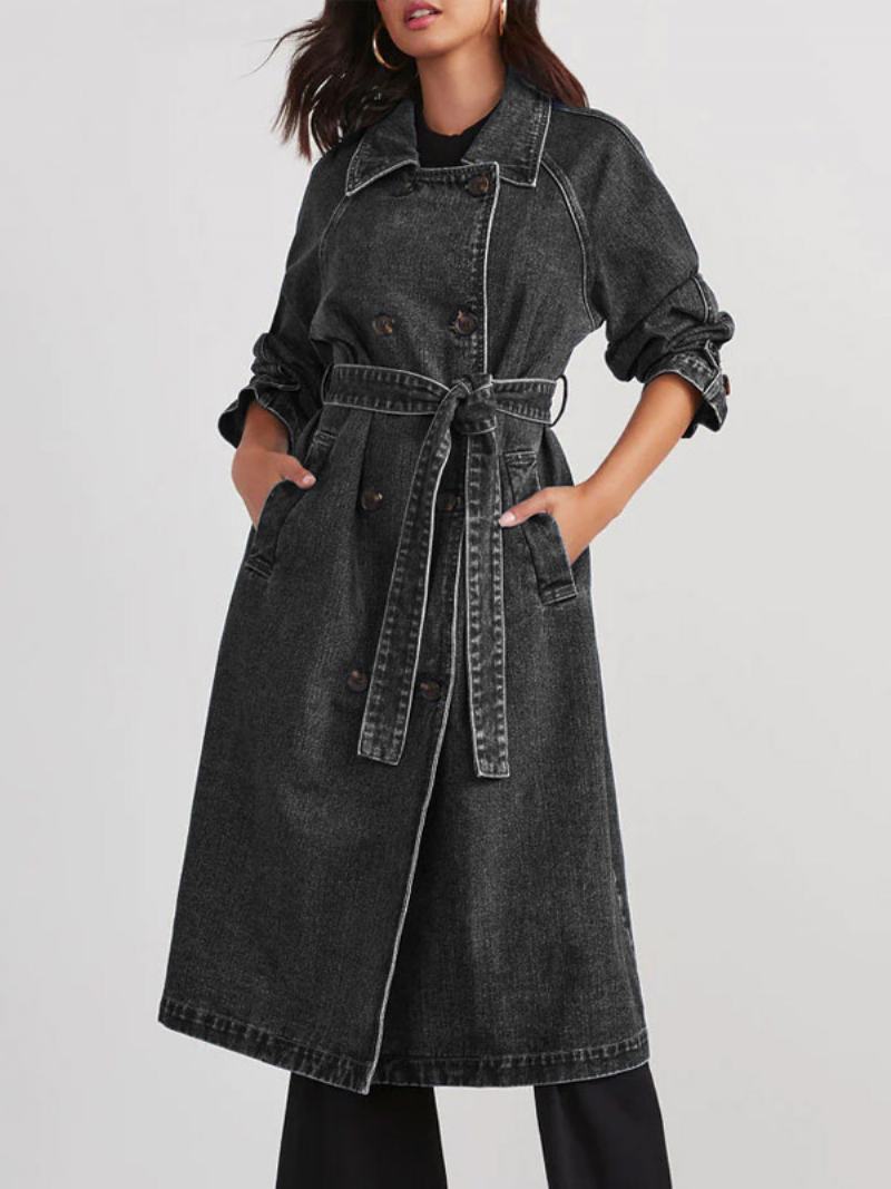 Dámský Svrchní Oděv Longline Denim Coat Double Breast Belted - Černá