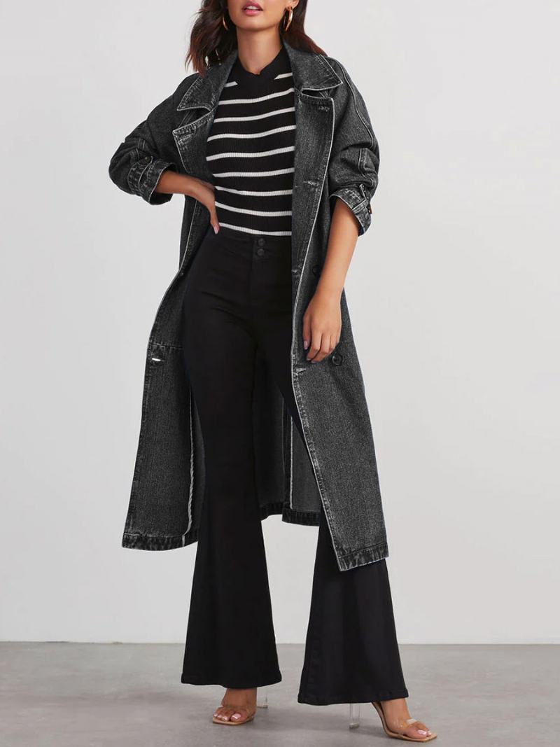 Dámský Svrchní Oděv Longline Denim Coat Double Breast Belted - Černá