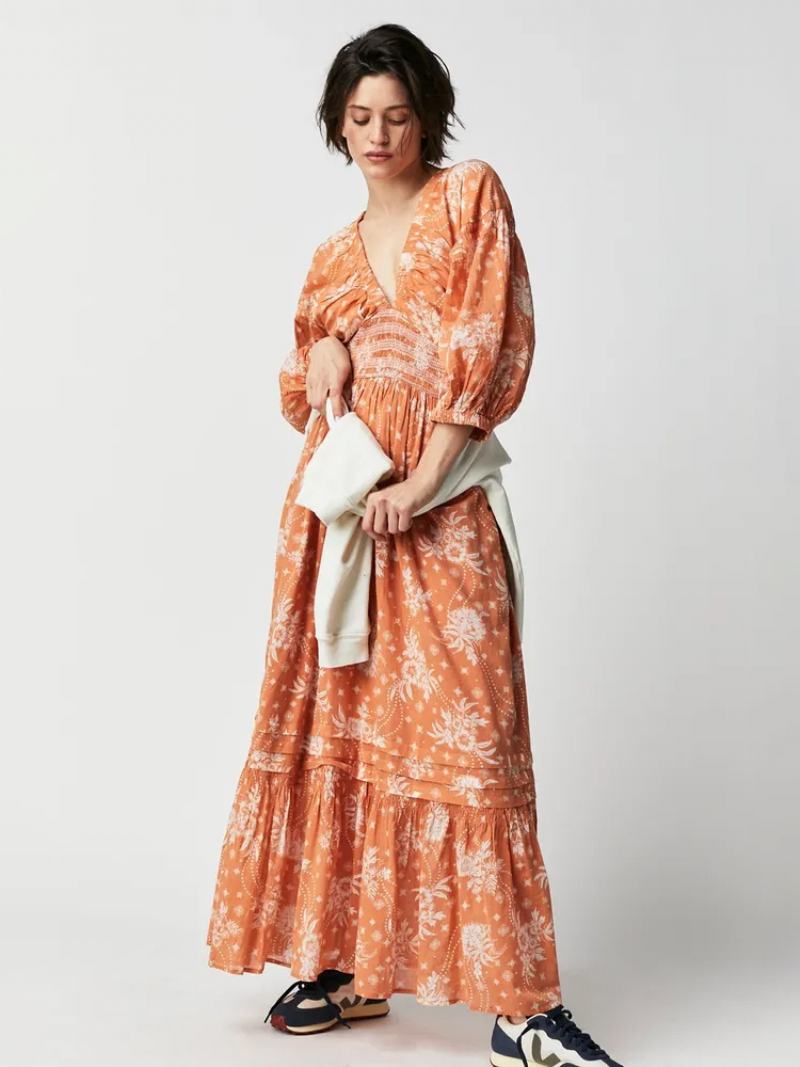 Dámské Květinové Šaty Maxi S Květinovým Potiskem Strečový Plisovaný Výstřih Do V Polorukávy Bez Otevřeného Švu Elegantní Léto Dlouhé - Oranžová