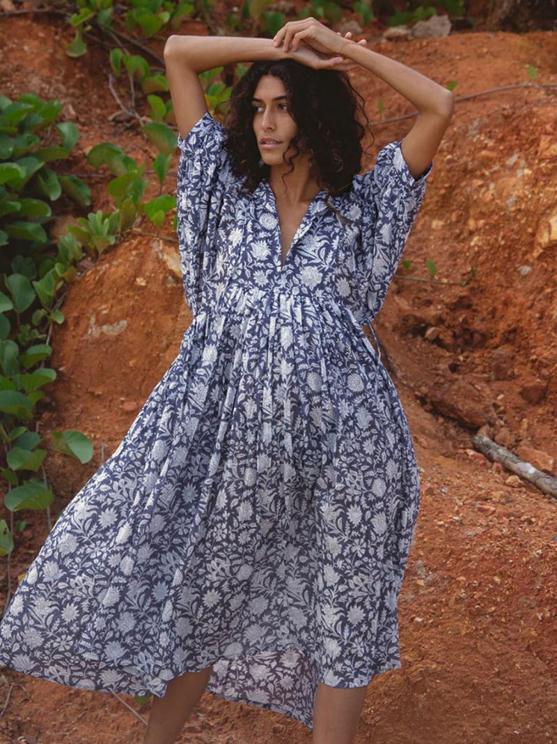 Dámské Letní Šaty Boho S Potiskem Polovičními Rukávy - Modrá