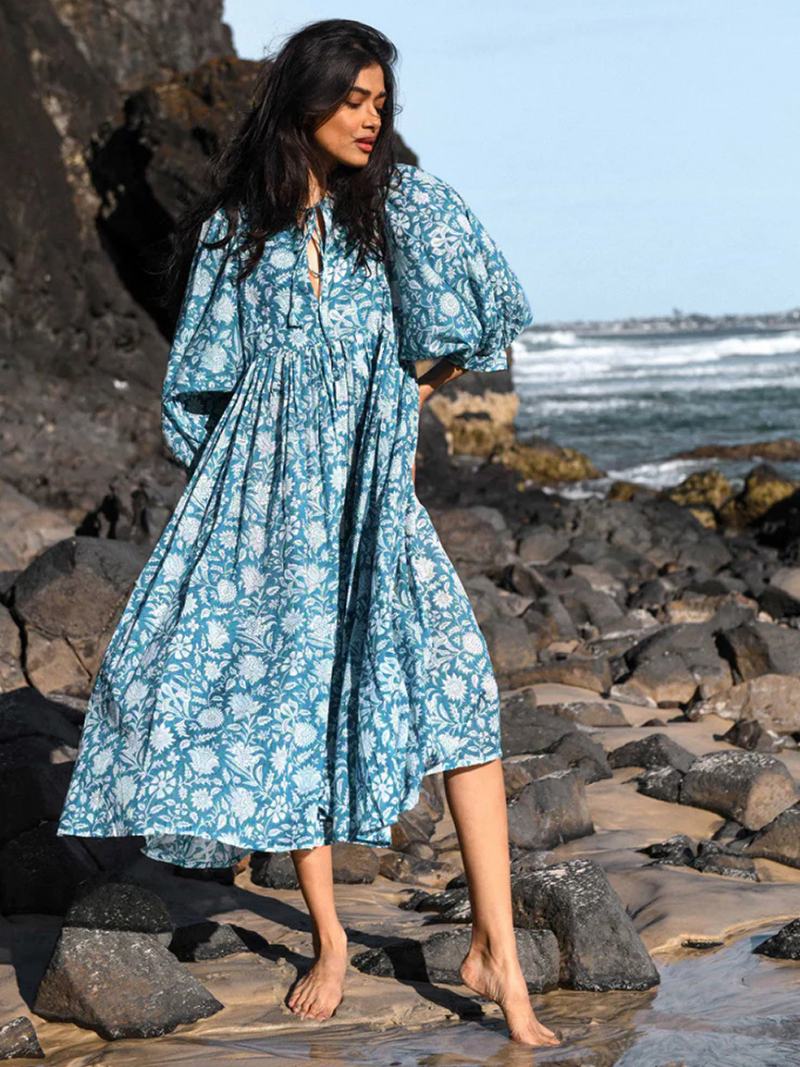 Dámské Letní Šaty Boho S Potiskem Polovičními Rukávy - Teal