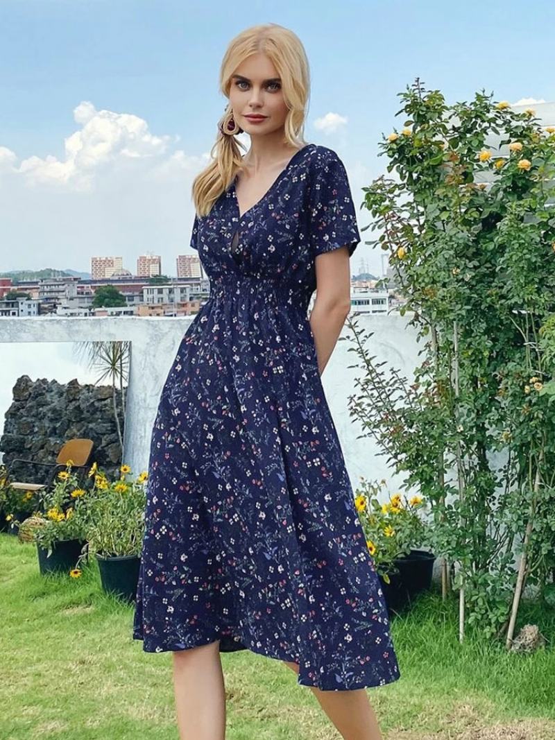 Dámské Midi Šaty S Výstřihem Do V Krátkými Rukávy Elegantní Letní Květinovým Potiskem - Sytě Modrá