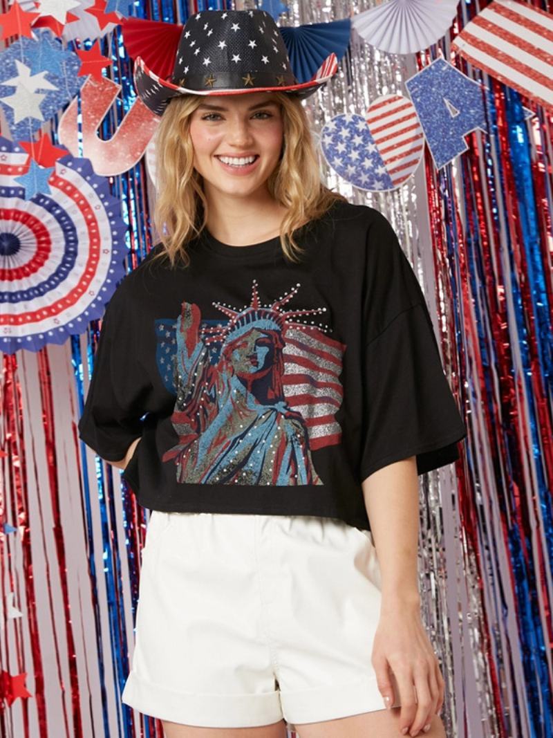Dámská Trička S Polovičními Rukávy Bílé Oversized Jewel Neck Polyester Tričko - Černá