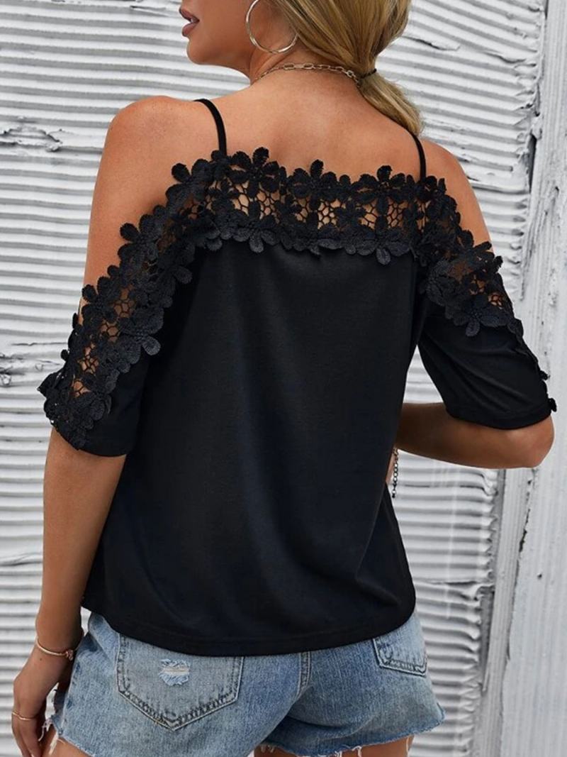 Sexy Top Pro Ženy Bateau Neck Poloviční Rukávy Vystřižené Letní Topy - Černá