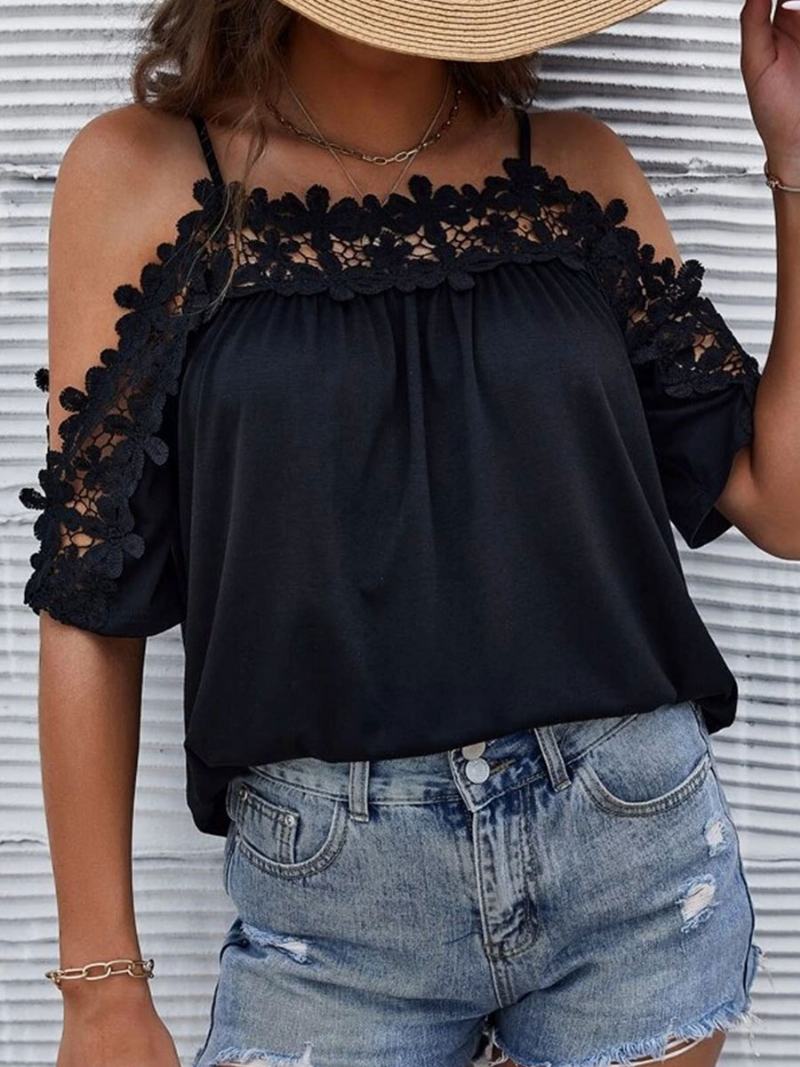 Sexy Top Pro Ženy Bateau Neck Poloviční Rukávy Vystřižené Letní Topy - Černá