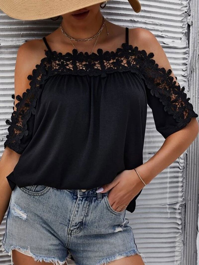 Sexy Top Pro Ženy Bateau Neck Poloviční Rukávy Vystřižené Letní Topy - Černá