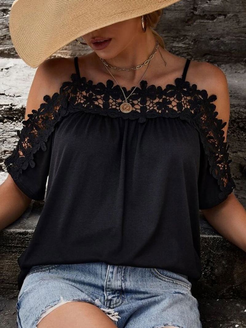 Sexy Top Pro Ženy Bateau Neck Poloviční Rukávy Vystřižené Letní Topy - Černá