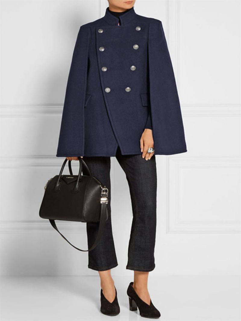 Dámské Pončo Dark Navy Double Breasted Winter Woollen Outerwear - Dark Navy
