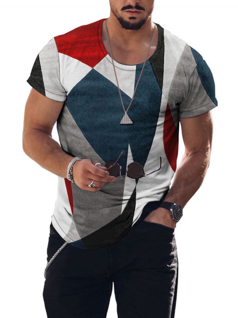 Pánská Trička Casual Jewel Neck Color Block Krátké Rukávy - Bílá
